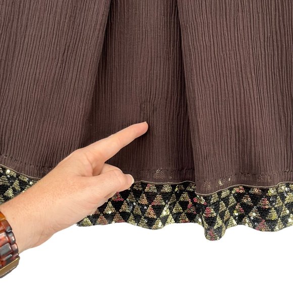 Rozae Nichols Silk Mini Skirt Brown Pleated Gold Accent Pull On Size 2 - Picture 12 of 13